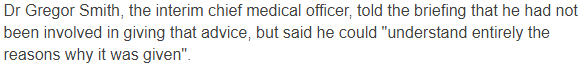 Finally, it is worth noting the interim chief medical officer’s half-hearted endorsement of what happened. At the very least the judgement at the time of the first minister must be called into question.
