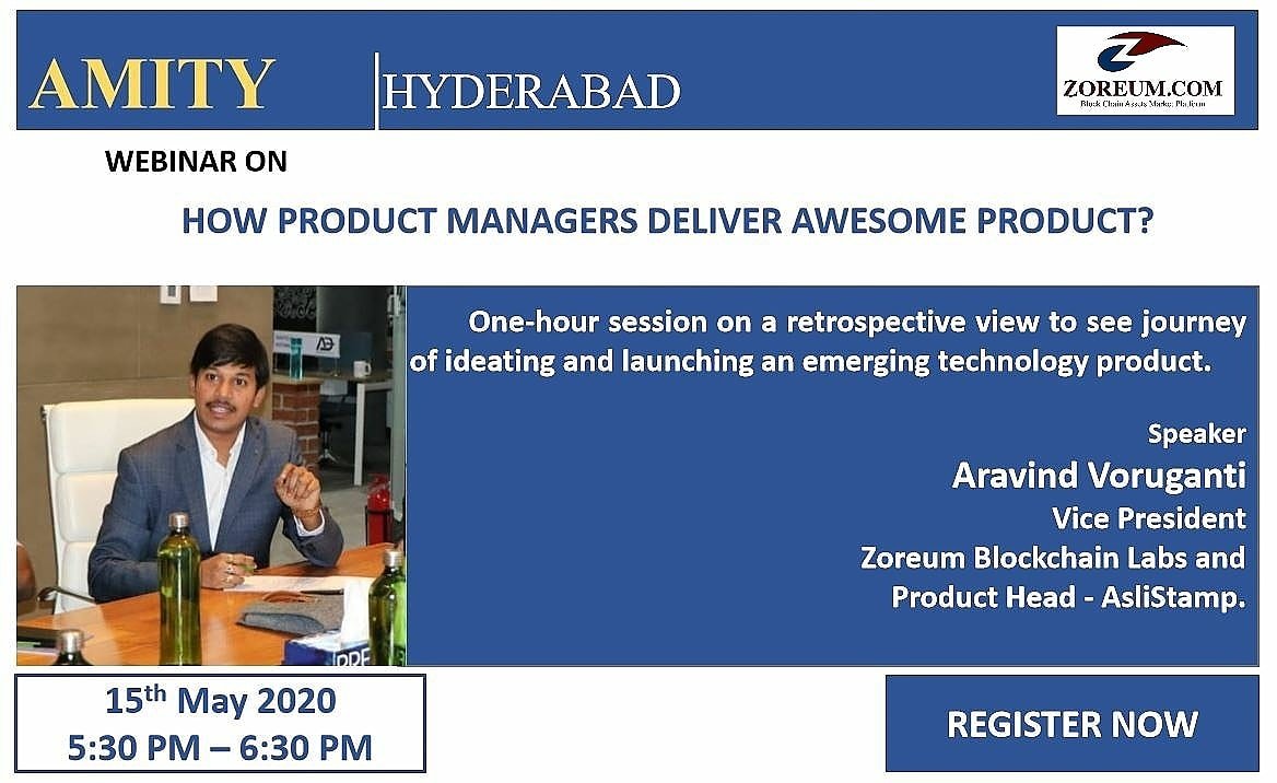 AsliStamp's tweet photo. Mr. Aravind Voruganti - Vice President is representing "Zoreum Labs" to give a guest talk(webinar)on 15 May 2020, Friday from 5:30 PM - 6:30 PM.

Here is the link to register and join: 
https://t.co/oD11De3gY2

#WebinarTalk #WebinarSession #EmergingTechnology #Webinar #Blockchain https://t.co/1SmmHB4Pih