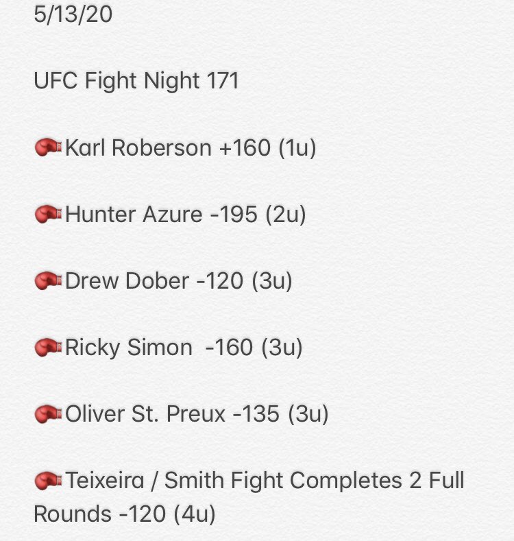 CornbreadLocks's tweet photo. Here’s my #UFC Fight Night 171 wagers!
Thanks for the continuous support Let’s keep this money train rolling 💯
Hit a Like or RT if your tailing! #Freepicks #UFC #UFCJAX #UFCJacksonville #MMAcapper #Sportspicks #Picks #MMAbets #UFCbets #UFCpicks #MMApicks #betting #sports https://t.co/MH7mBQPkGA