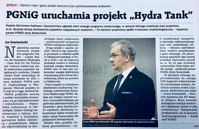 ORLENUP's tweet photo. 🗞️ #przeglądmediów 

O nowym #ProgramWodorowy #PGNiG dziś m. in. na łamach @GPCodziennie. Jeden z elementów Programu to stacja tankowania⛽️ pojazdów🚙🚌 napędzanych #wodór - #HydraTank. 

Zapraszamy do lektury⤵️ https://t.co/v5vfcenbHF