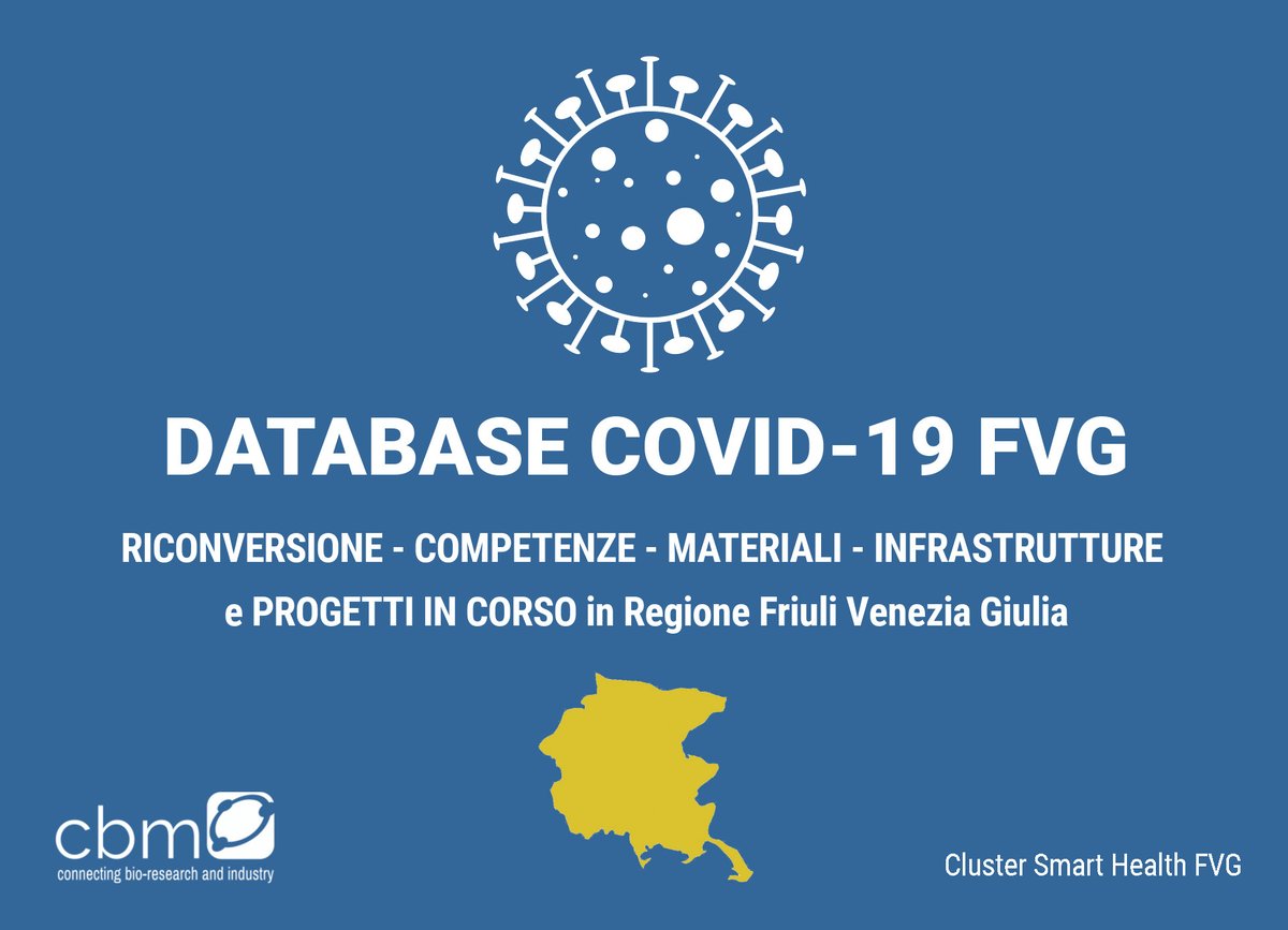 CBMfvg's tweet photo. DATABASE COVID-19 FVG
👉🏻 se sei un'#impresa o un #ente di ricerca in regione FVG 👩🏻‍💻 compila la scheda
➡️ https://t.co/sCpGJzX7w0 

#riconversioni #competenze #materiali #tecnologie #infrastrutture #progetti a fattore comune per l'emergenza #COVIDー19 
@regioneFVGit @CBMfvg https://t.co/8uMC464bma