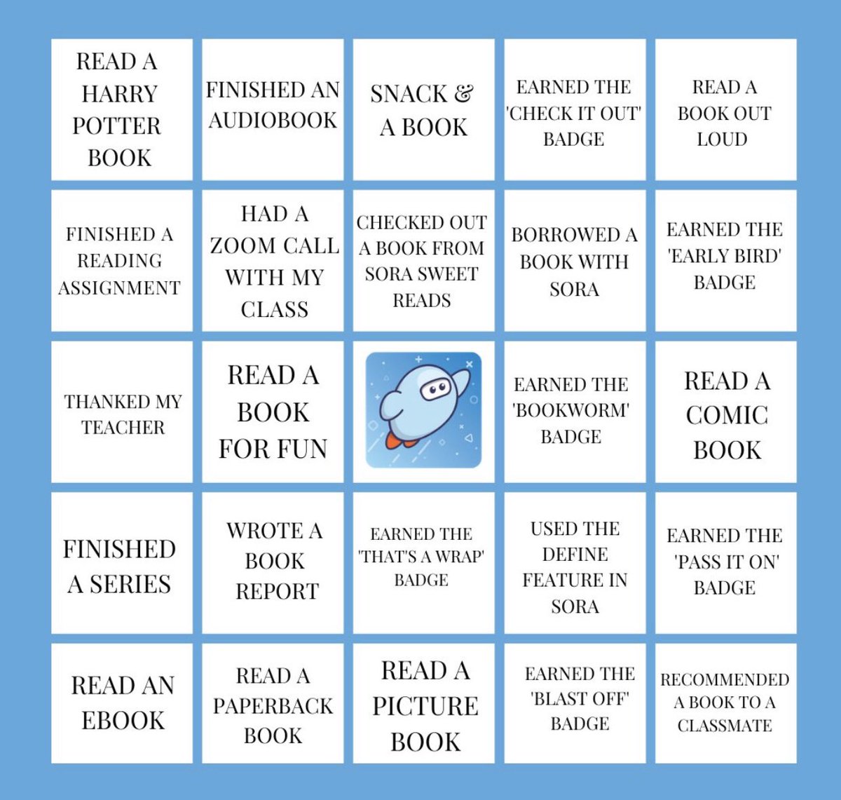 SouthfieldEng's tweet photo. To all of the students who have been reading via the Sora app - how about a little reading bingo? Can you beat your English teachers to complete it? #asouthfieldgirlreads #readingforpleasure https://t.co/74Fv78PLF7