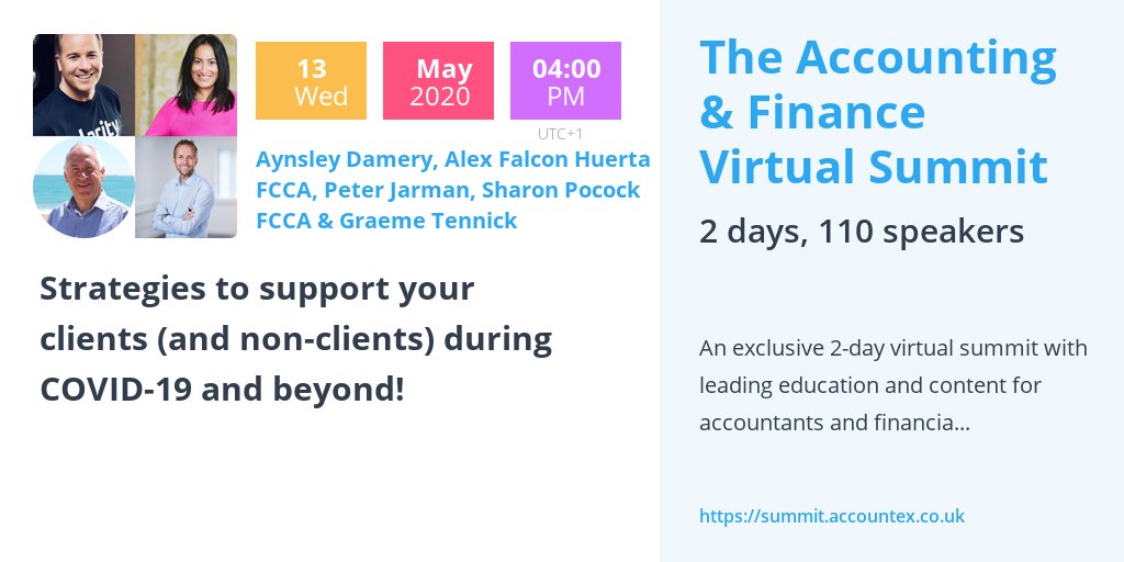GTAccountancy's tweet image. Wow, nearly 3,000 registrations for our webinar alongside @clarity_hq @PJCOaccountants @KinderPocock and @alexmfalcon today with 100% of proceeds going to the @NHS and close to £20,000 raised to date.

Book on below:

summit.accountex.co.uk/?sc=Rav81Gne

#afvirtualsummit #COVID19