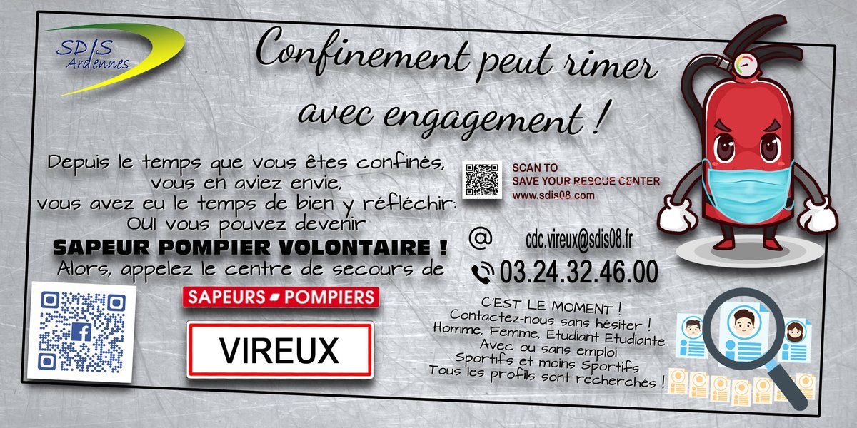 sdis08's tweet photo. Depuis le temps que vous êtes confinés, vous en aviez envie, vous avez eu le temps de bien y réfléchir. OUI vous pouvez devenir SAPEUR POMPIER VOLONTAIRE !
C'est le moment ! Contactez le centre de secours #Vireux TOUS LES PROFILS SONT RECHERCHÉS ! #Recrutement #Ardennes https://t.co/dFlGAt0qZU