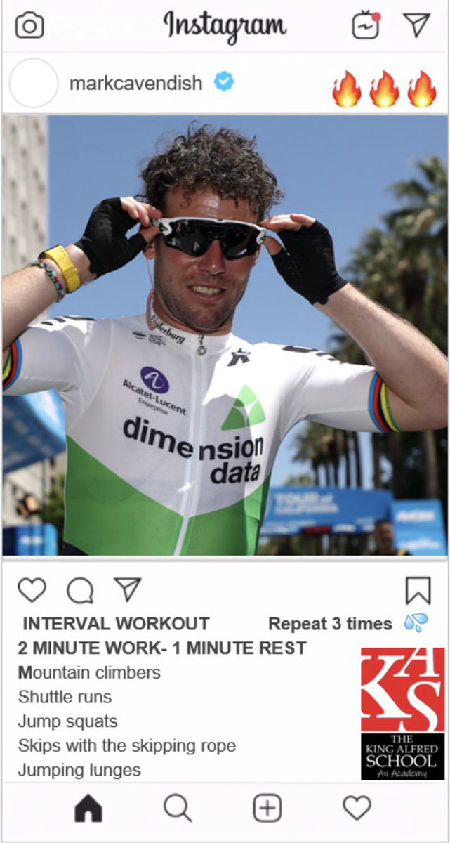 TKASA_PE's tweet photo. Day3️⃣8️⃣ of our #HomeSchoolWorkouts
This week athletes who’ve had an impact on @KingAlfs staff
@MrPenman_TKASA chose @MarkCavendish
Remember to take video or pictures & tag away on @twitter and @instagram
Home learning @Classcharts points on offer!
#StaySafe https://t.co/KUghoWW6Vs