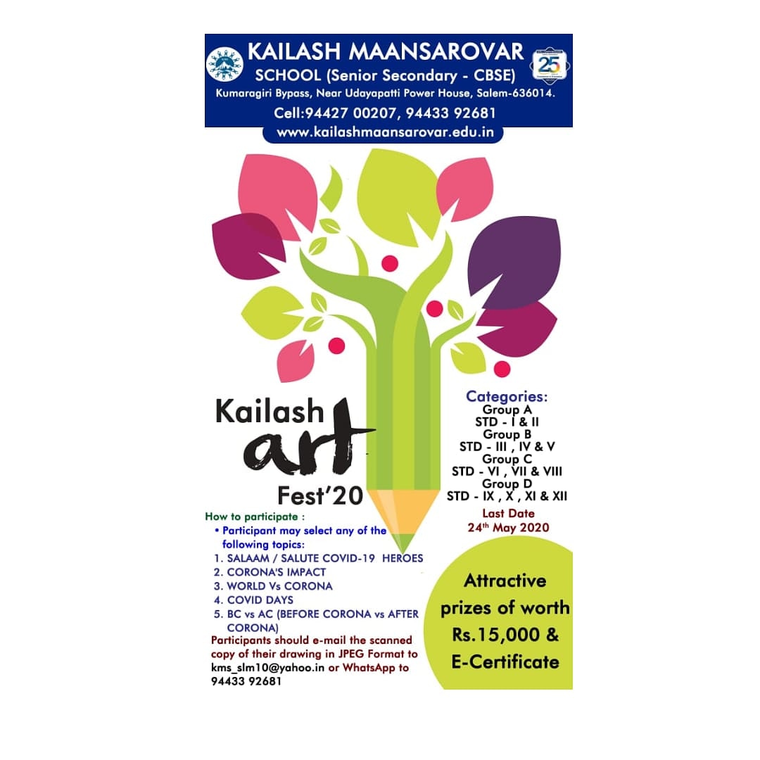 PgcsSswc's tweet photo. Kailash maansarovar school (senior secondary - CBSC) Salem
#kailash_art_Fest'20
#attractiveprize
#ecertificate
#kms
#exploreyourcreativity
#werecognizeyou
#staysafe_stayhome
#COVID19 https://t.co/Szf1RDkmD6