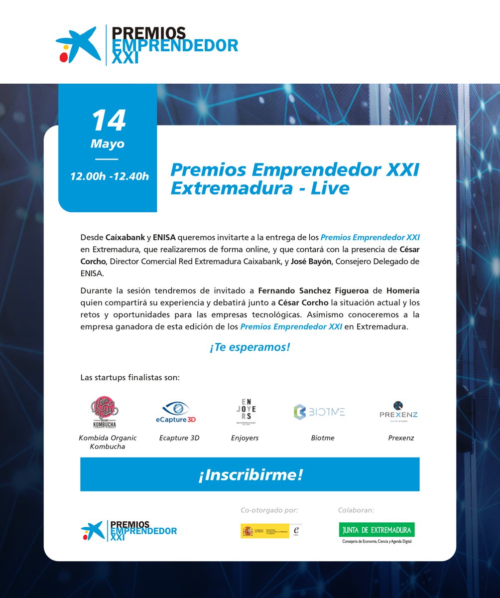 ¡Te esperamos el próximo 14 de mayo a las 12h en el acto de entrega del Premio @Emprendedor_XXI Extremadura! 
Contaremos con la participación de las 5 empresas finalistas, y con Fernando Sanchez (<a href="/homeria/">Homeria</a>) y César Corcho (<a href="/caixabank/">CaixaBank</a>).
Regístrate 👉  bit.ly/2SHUFzw