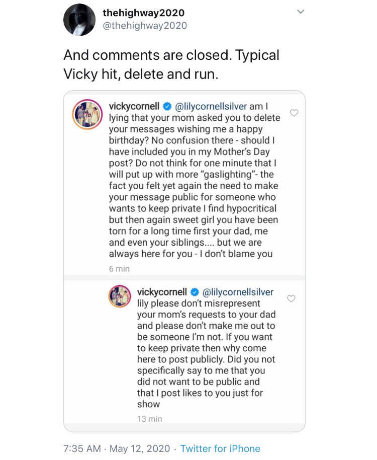 beenawaytoo's tweet photo. .@RollingStone @SPIN @billboard Lily Cornell Silver replied to Vicky Cornell on Chris Cornell’s Instagram post - May 10, 2020. Vicky replied to Lily. Comments closed on that post.  #ChrisCornell #VickyCornell https://t.co/BUiLHXg2Zq