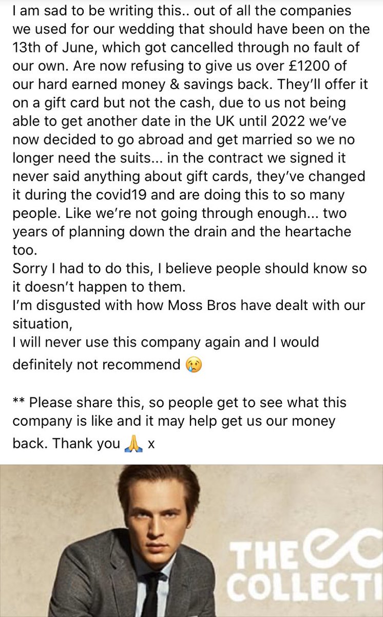elm_yoga's tweet photo. @MossBros @MartinSLewis We’d like our cash back NOT vouchers, the contract we signed mentioned NOTHING about gift cards!Give us back our hard earned money&amp;savings to go towards our wedding, we need it back for the wedding to still go ahead.Yrs of savings, earning&amp;families money😢 https://t.co/IBqnx79vTC