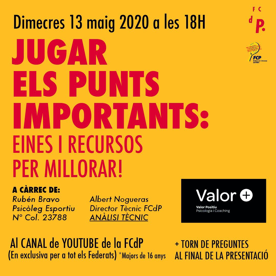 FCatalanaPadel's tweet photo. 🎥 #WebinarsFCdP 

🆕 EXCLUSIU pels federat/des.

Avui a les 18h al nostre canal de Youtube (en privat) la xerrada 
“JUGAR ELS PUNTS IMPORTANTS” amb 

Ruben Bravo 👉 @Valor_Positiu 
Albert Nogueras 👉Dir Esportiu FCdP

🗣 30/35 min exposició
🎤 15/20 min torn de preguntes https://t.co/Yvdu7IGA2R