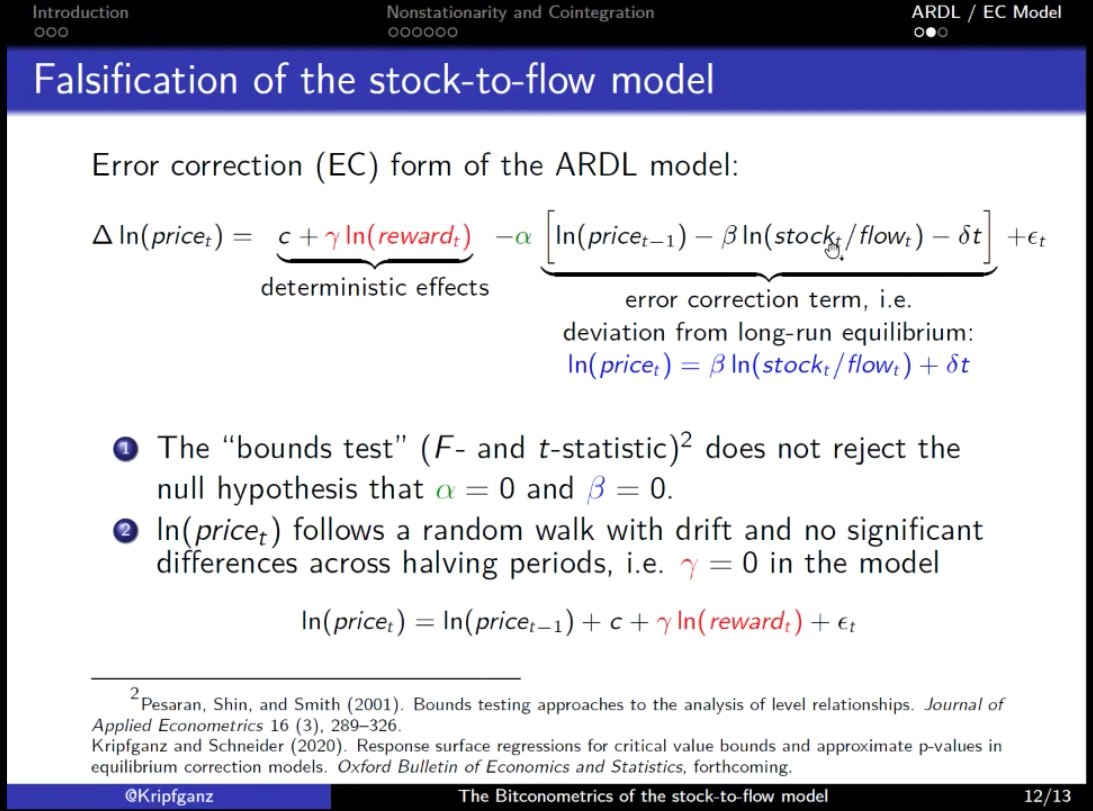 5/n Like  @btconometrics did in his March 27th article,  @Kripfganz used an ARDL model.His conclusion: the (log)  #Bitcoin   price follows a random walk with drift (top left figures in the previous tweet) and has no significant differences across halving periods.