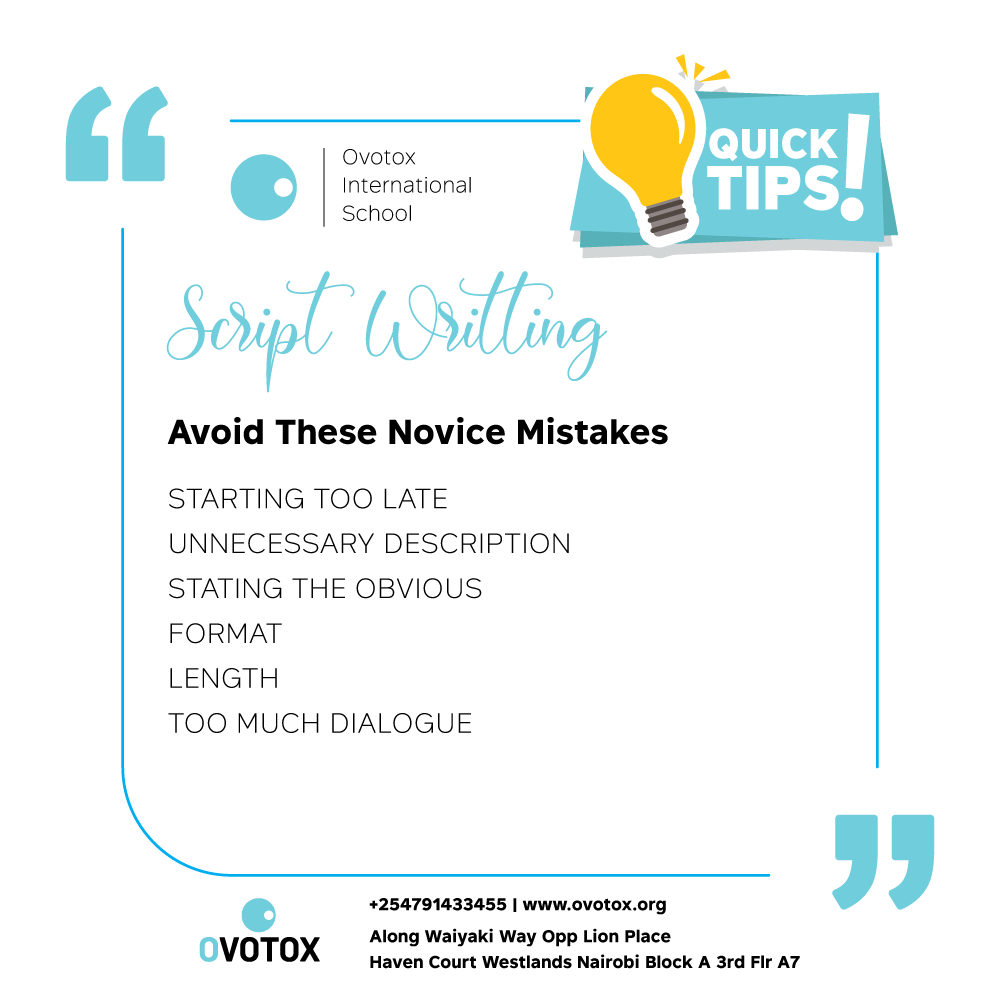 OvotoxHQ's tweet image. A script is a blueprint of a film. Don't be intimidated by the thought of writing a great script. We've got you! Learn at Ovotox International School.
bit.ly/2SNK8CV
#howtowriteascreenplay #scriptingtips #bestfilmproductionschoolinnairobi #bestfilmproductionschoolinkenya