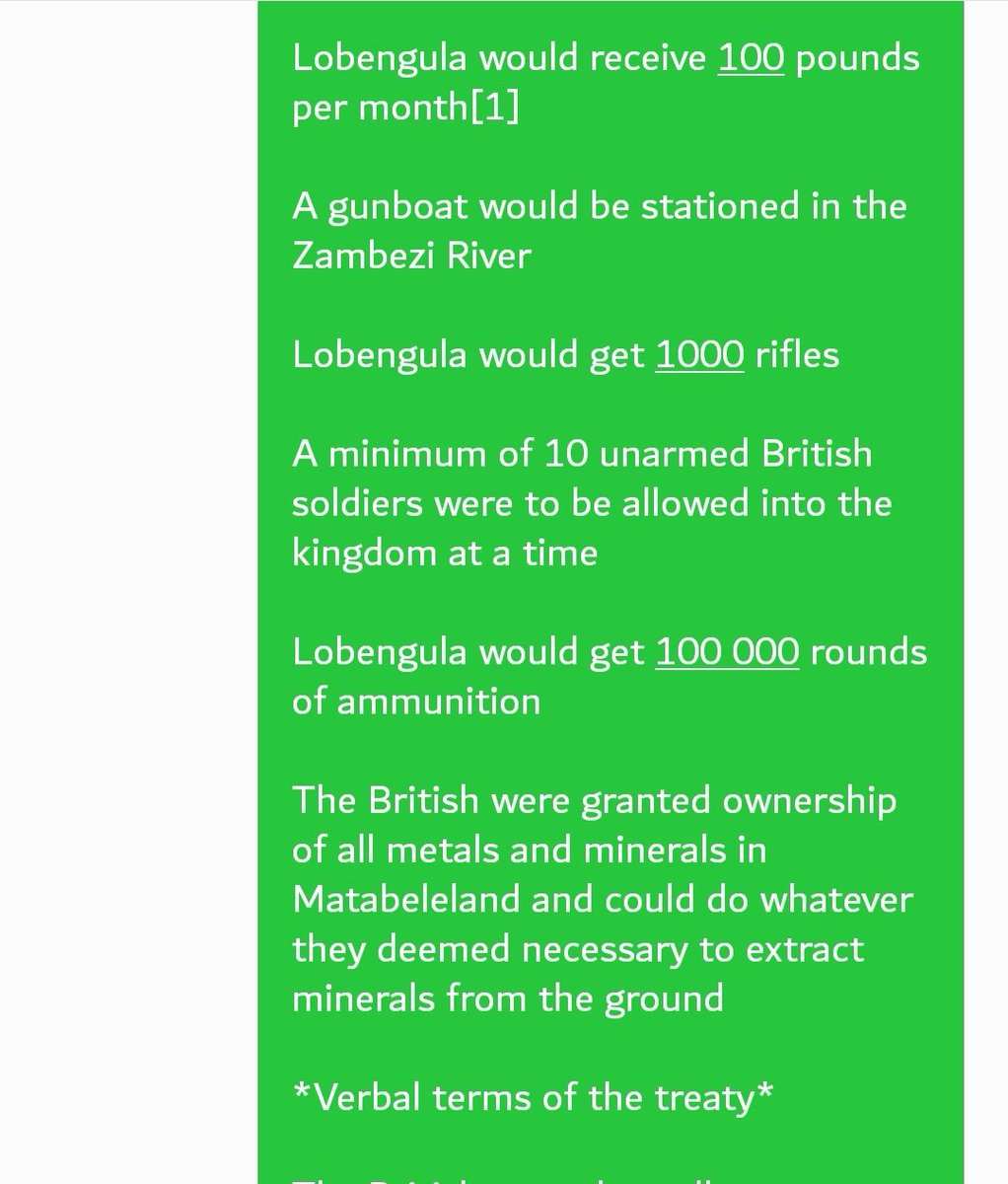 These were the promises made by the British settlers when they convinced King Lobengula they had honest intentions and they were going to stick to the agreed items and protocol