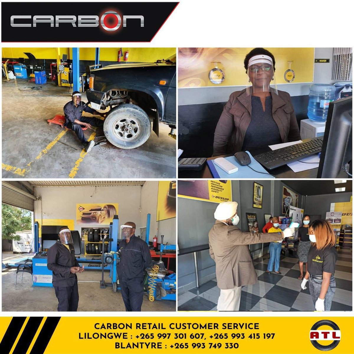 AutoAndTyreLTD's tweet photo. We at Carbon Retail are dedicated to doing all we can to create a safe environment for all our employees and customers. 
✅ Face masks
✅ Social distancing 
✅ Sanitization of workstations 
✅ Daily Thermal checks
#Carbon #DunlopMalawi https://t.co/Qoqsf3sjbH