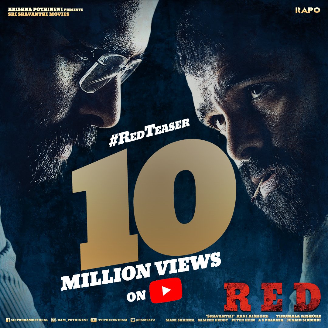 shreyasmedia's tweet photo. ๐ฅ๐ฅ @ramsayz โs #RedTeaser is just unstoppable ๐ค
#10MviewsForRedTeaser ๐ฅ๐ฅ
- https://t.co/XTHpmfmFR8
#RedTheFilm #RAPO
@Malvika_Sharma_ @Actor_Amritha @Nivetha_Tweets #TirumalaKishore @PeterHeinOffl #SravanthiRaviKishore #Manisharma @LahariMusic @SravanthiMovies https://t.co/i0MvZy1INC