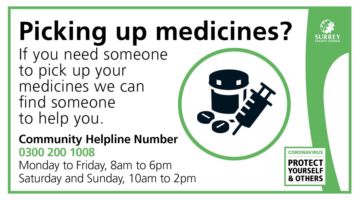 SupportSurrey's tweet photo. If you’ve got medicines to pick up and can’t get out, we can arrange for someone to pick them up. Community Helpline on 0300 200 1008 find out more here https://t.co/gP0gF5S7WM 

#SurreyTogether #surreycommunityhelpline #surreyhelp #hereforyou https://t.co/0ABxmCIwvX