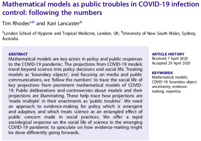 How might modelling science in policy and public responses be done differently? 

Mathematical models as public troubles in #COVIDー19 infection control: following the numbers.

New paper from @tim__rhodes and I in @HealthSocRev. #FlattenTheCurve #STS

tandfonline.com/doi/full/10.10…