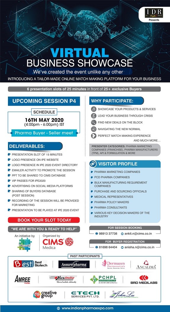 CIMS_Medica's tweet photo. CIMS MEDICA PRESENTS ONLINE PHARMA BUYER SELLER MEET ON 16th MAY 2020, SATURDAY
Reg Link: https://t.co/LefBJ5juJ8
#Indianpharmaexpo #IPE #PharmaFranchise #Purchaseheads #Marketingheads #PCDpharma #Pharma #Dealers #distributors #Purchaseheads #3rd_party #pharma_distributors https://t.co/AwJnjz28oP