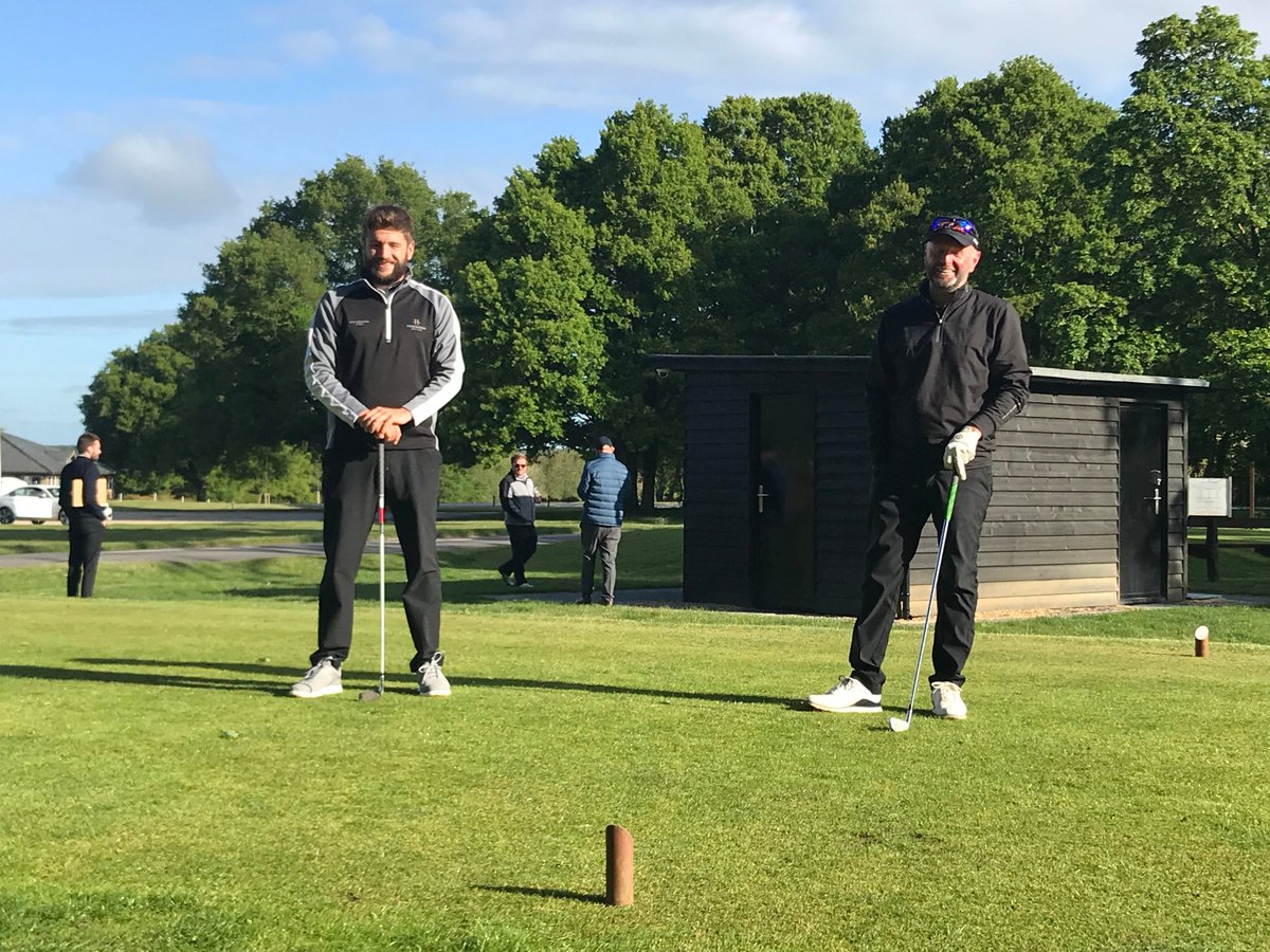 BerkhamstedGolf's tweet photo. [2/2] Jamie and Derek Woor were first duo back on the course (on our par three 1st tee) at 8am sharp; Ben (left), Howard and first-tee starter Les also pictured, observing social distancing rules, in the background | Photos supplied by member Mike Cresswell #StaySafe https://t.co/Gm5fO05rrb