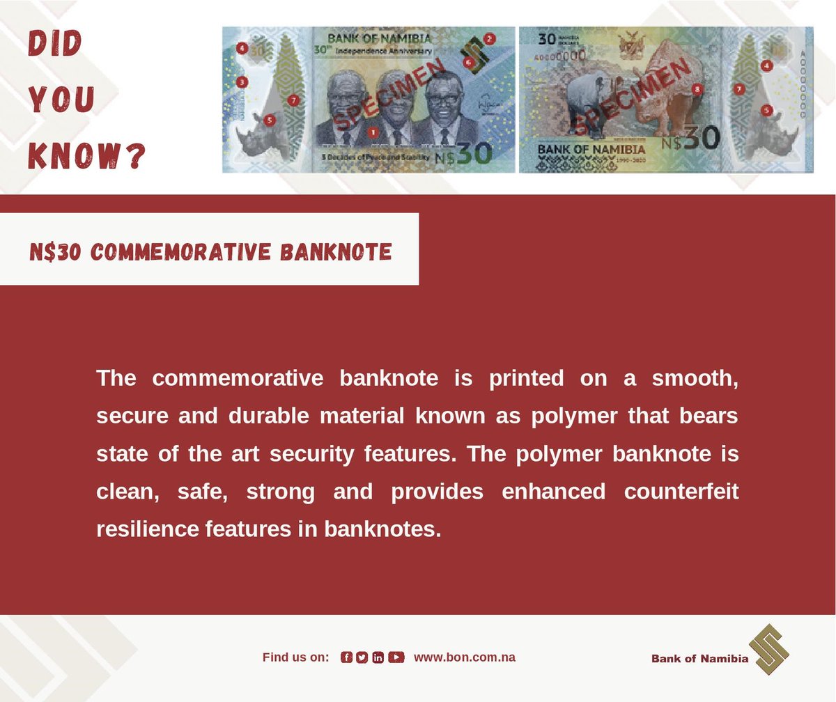 BankofNamibia's tweet photo. The N$30 #commemorativebanknote is printed on a clean, safe and strong material known as polymer, which provides enhanced counterfeit protection.
#BankofNamibia https://t.co/rt9RV0uiyg