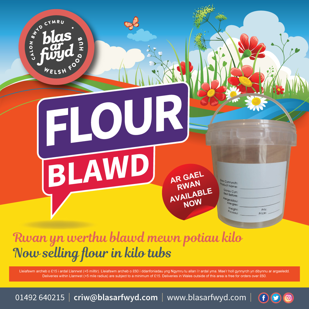 blasarfwyd's tweet photo. Flour now available!
Flour Tubs available now for HOME DELIVERY or for collection at our Deli (Amser Da) -

To order simply:
1️⃣https://t.co/qDRHqbTJQ5
2️⃣ Complete the order form "Food": https://t.co/MdTxWVZPXP (under the section I’r Cwpwrdd | For the Cupboard)

#shoplocal #flour https://t.co/tpAhptj5sV