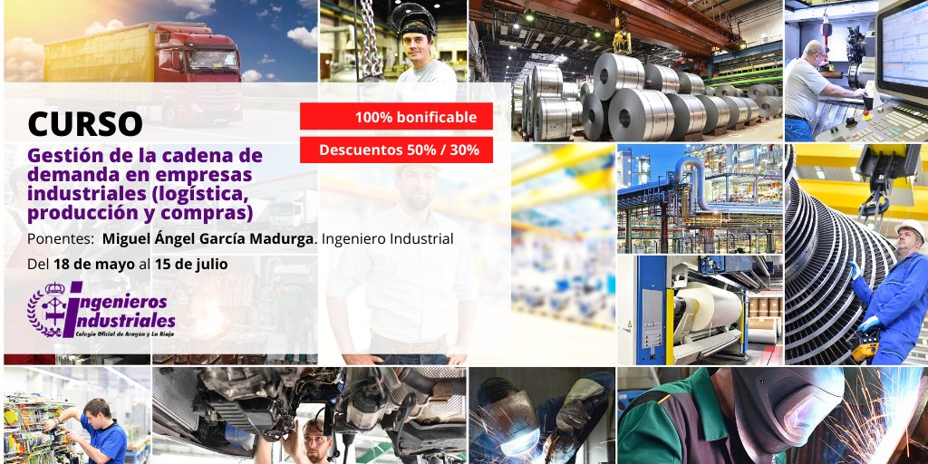 📢#Curso Gestión de la cadena de demanda en empresas industriales

📲 bit.ly/3cnLOux
👨‍🏫Miguel A. Gª Madurga
🗓️del 18 de mayo al 15 de julio

Descuentos #YoMeQuedoEnCasa
👉50% si eres colegiados o alumnos de nuestros cursos
👉30% si es la 1ª vez que haces un curso nuestro