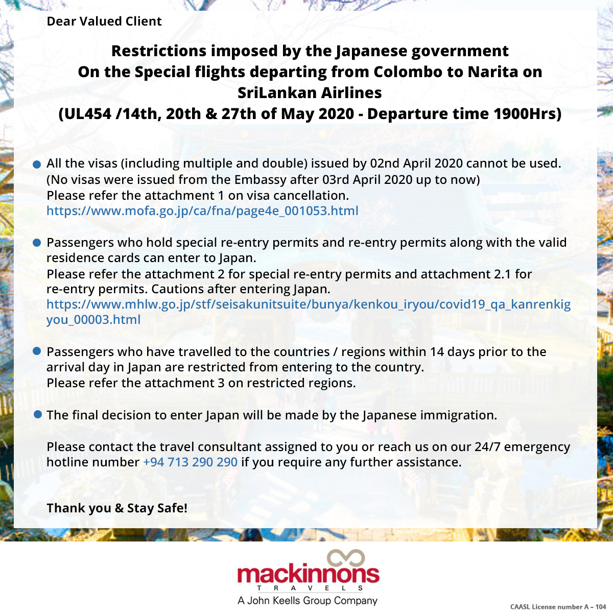 Mackinnonstrvl's tweet photo. Restrictions imposed by the Japanese government! 

📤 Attachment 1 on visa cancellation :
https://t.co/SC27wxFdzi

📤Cautions after entering Japan :
https://t.co/BUwAzkv04d

#Narita #Travel #SpecialFlights #Japan #MackinnonsTravels https://t.co/m9wuBY7zTn