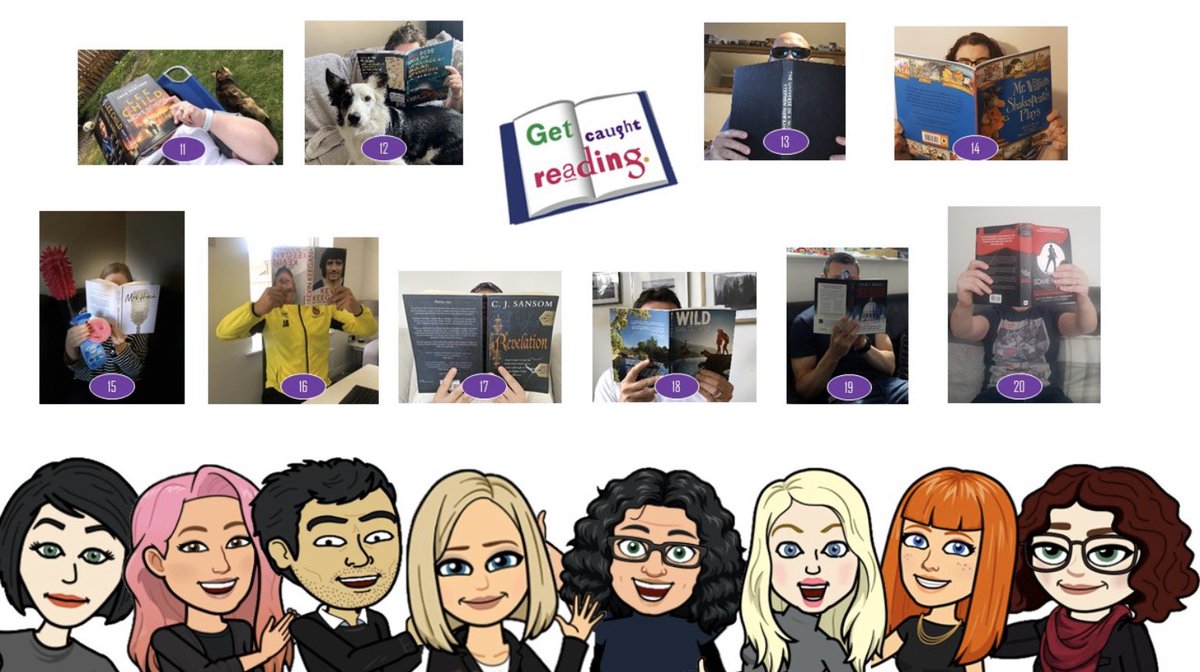MortimerCC's tweet photo. #EnglishTakeover 🌈💜 Can you catch the Mortimer staff reading? Just a closer view to help with those clues. 💜 https://t.co/PwFQJVLFov