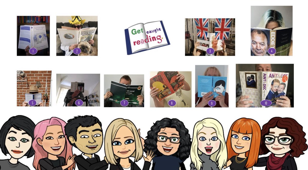 MortimerCC's tweet photo. #EnglishTakeover 🌈💜 Can you catch the Mortimer staff reading? Just a closer view to help with those clues. 💜 https://t.co/PwFQJVLFov