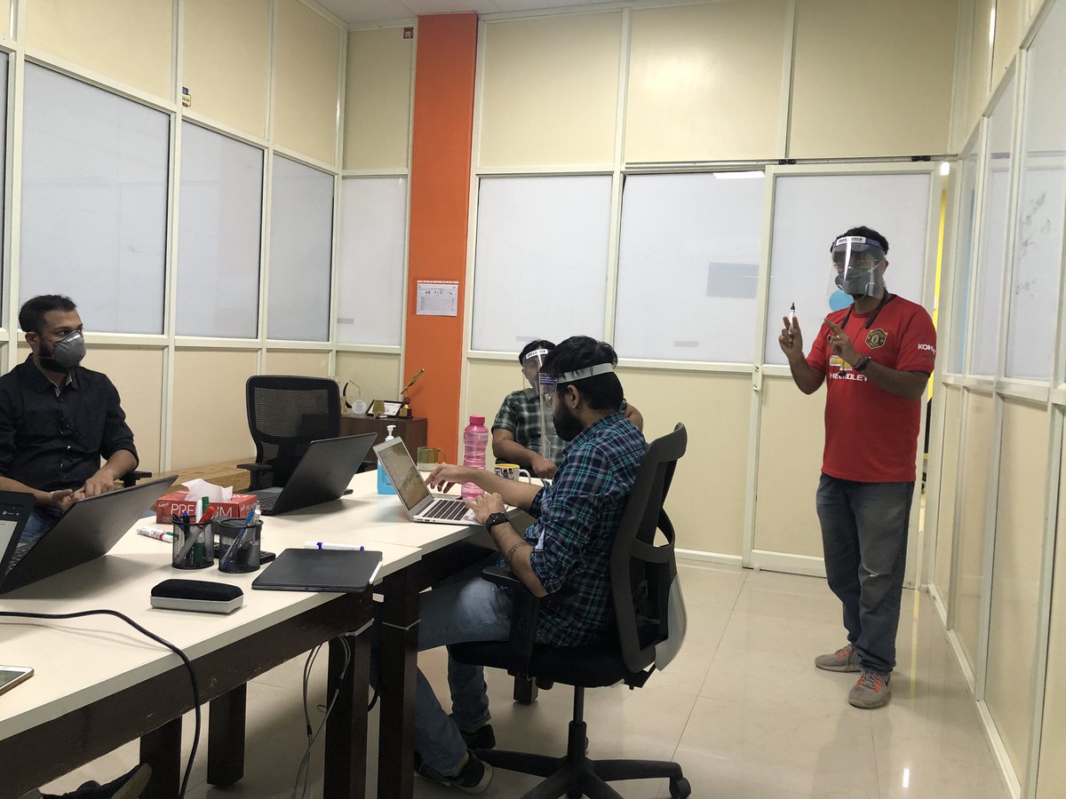 eshwar_MF's tweet photo. After zoom call collages, now it’s masks, face guards and sanitiser images. On a happy note, happy to be back at office, seeing face to face! Realised better productivity, faster decision making and a bonding with the team which was missing on a zoom call. https://t.co/ynVXM4jX4U