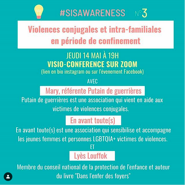 HumansforWomen's tweet photo. #SISAWARENESS 3 - Violences conjugales et intra-familiales en période de confinement

Retrouvez-nous jeudi à 19h sur Zoom en compagnie de @LyesLouffok, @Putaindeguerri1 et @enavanttoutes !

+ d'infos sur nos pages FB et Instagram
C'est ici pr s'inscrire 
https://t.co/c9oG6ViG3Q https://t.co/CMhtkyEMks