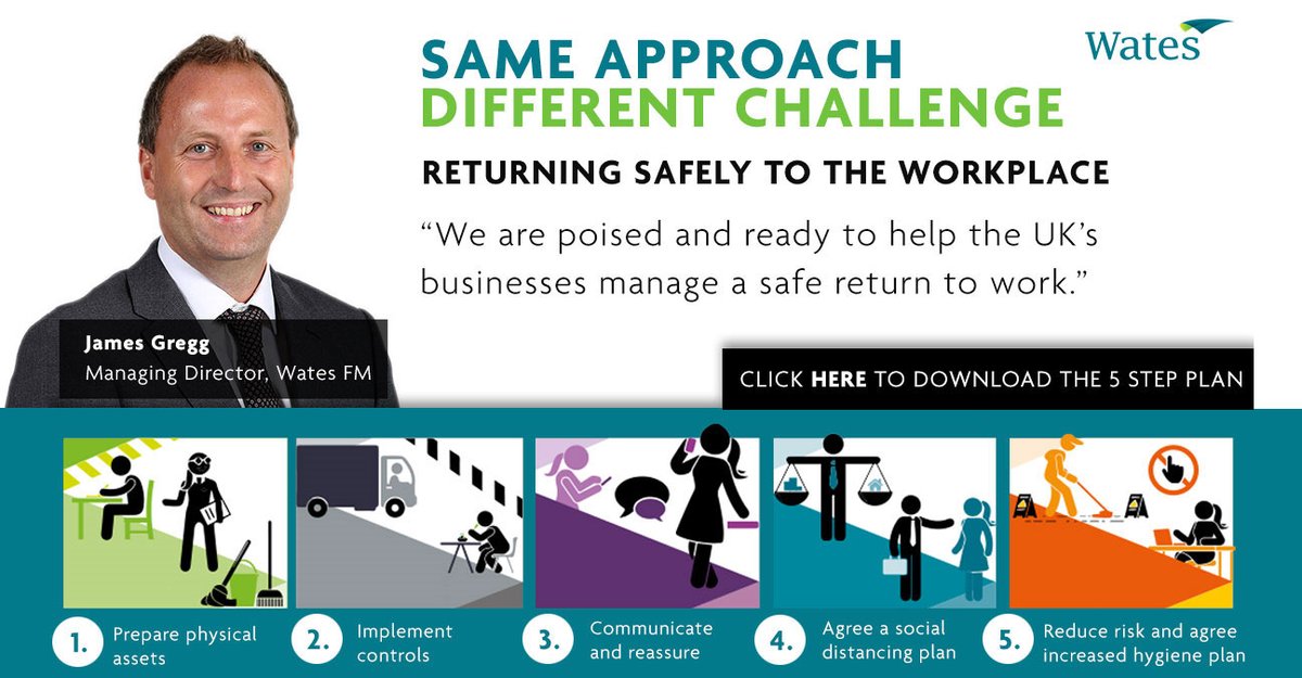 WatesGroup's tweet photo. Advice on how to manage a safe return to the workplace developed by our specialist #facilitiesmanagement team including a 5-step plan:  https://t.co/GlQNHX0Uoc #fm #backtowork #Covid19UK  #lifeafterlockdown #WorldFMDay2020 #SocialDistancing https://t.co/EMM801xzOI