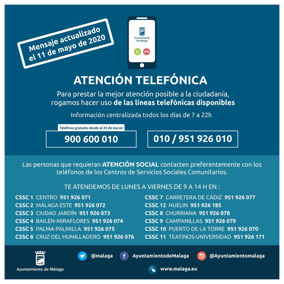 Compartimos los teléfonos de los Servicios Sociales de <a href="/malaga/">Ciudad de Málaga</a> así como el de información general.
#Nosotrospodemos #Yalotenemos