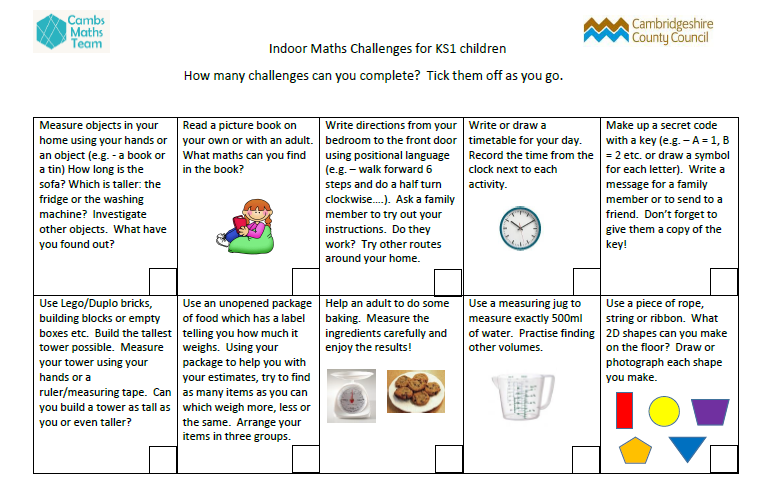 Cambs_SIS's tweet photo. On https://t.co/8cxQZ7nxkz you can find some indoor maths challenges for key stage 1 and key stage 2. These are perfect for families to try together when the weather isn't great outside. #NationalNumeracyDay #CambsEd #LearnTogether https://t.co/SU5NV5byj2