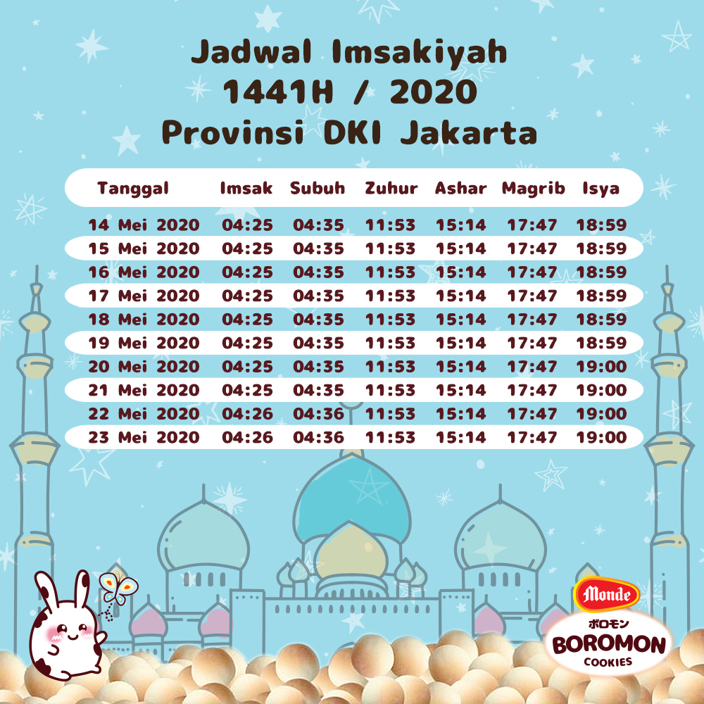 Hi Smart Moms, kembali lagi nih Bou Bou mau share jadwal Sholat &amp; Imsakiyah 2020 Ramadhan 1441H lanjutan Tanggal 14-23 Mei 2020 untuk daerah DKI Jakarta dan sekitarnya .
Jangan lupa diSHARE ya biar Si Kecil juga rajin beribadah 😘
#MondeBoromon #boromoncookies #Ramadan #Puasa