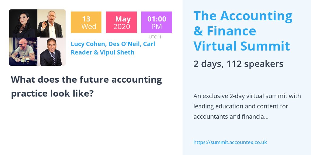 vipulsheth's tweet image. Starting in a few minutes - The Accounting and Finance Virtual Summit - £33,000 raised for charity too. 
If you've registered already, add the talk where I'll be with @CarlReader @LucyMazuma @omniprodes &amp;amp; @Accountex_Zoe at 13:00 today 
#AFVirtualSummit
summit.accountex.co.uk/?sc=w11A1gWp