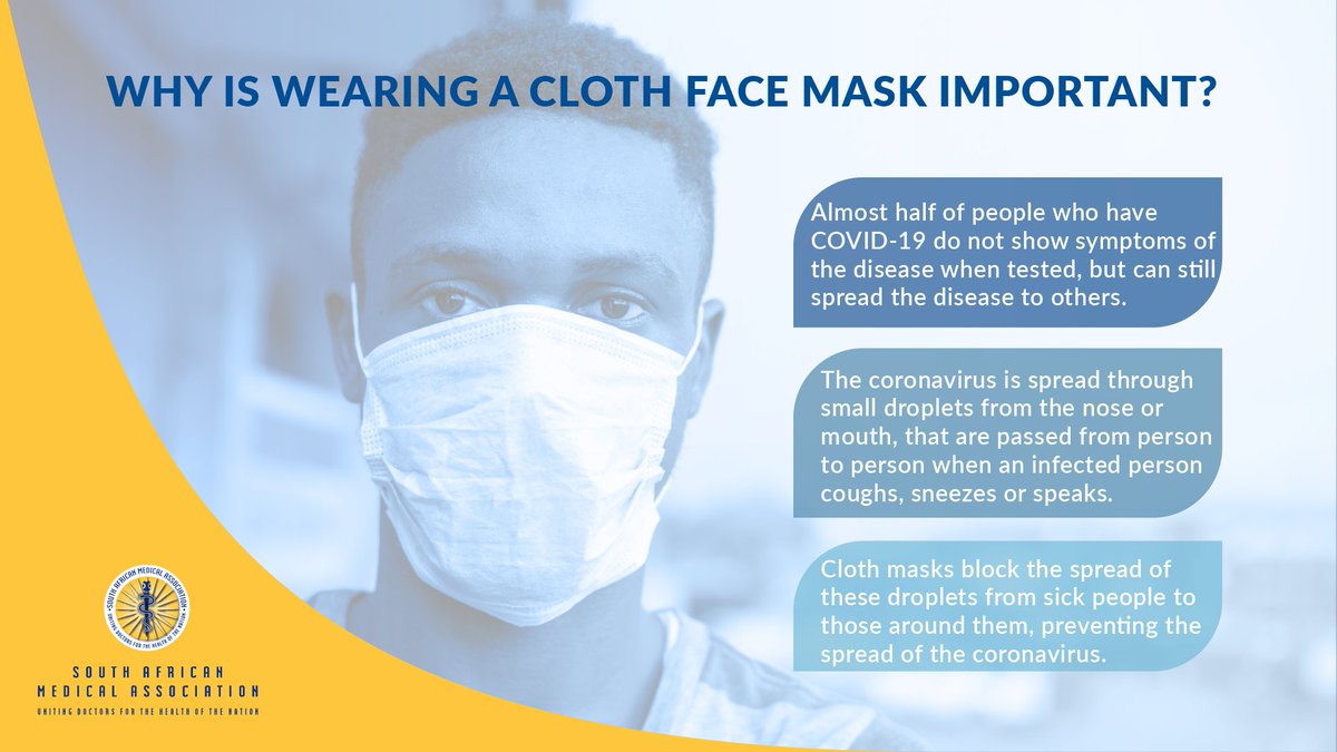 SAMedicalAssoc's tweet photo. As part of #Level4Regulations, everyone needs to wear a cloth mask at work, on public transport as well as any public space. Wearing masks is vital in fighting the spread of the virus for the following reasons.  #ourlivesdependonthem #StayHomeSaveLives  #salockdownheroes https://t.co/ZzfikTVva4