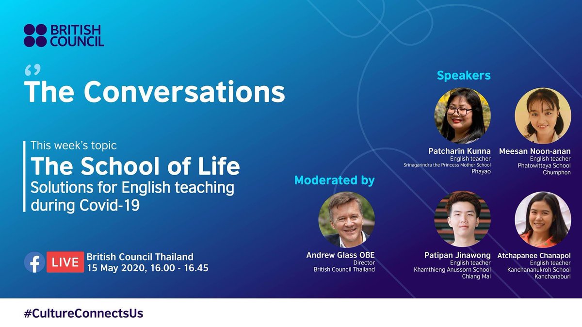 thBritish's tweet photo. In the time of pandemic, classes go online, on-air and on-site.Join us in the Conversations with our Bootcamp teachers in finding practical solutions to teach English during Covid-19 on FB Live 15 May, 4.00-4.45 PM #CultureConnectsUs #TeachEnglish #Bootcamp #RETC 
(EN language) https://t.co/DZDMQTVZOT