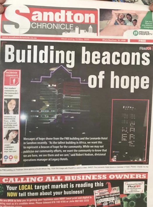 Well done <a href="/RMBCIB/">RMB - Rand Merchant Bank</a> !!! Your building looks amazing and provides so much hope and love right now <a href="/Sandton_News/">Sandton Chronicle</a> #RMB #SolutionsNeedUsAll #RandMerchantBank