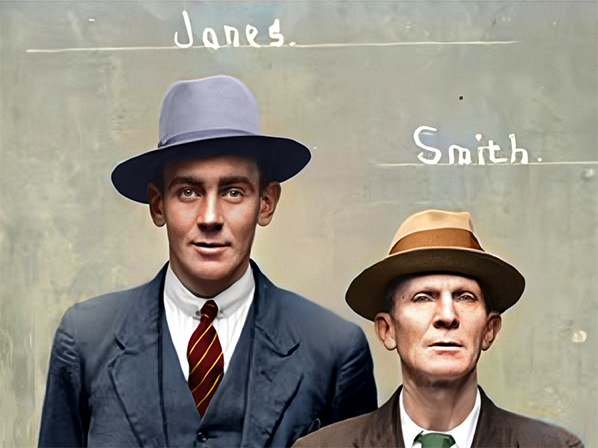 fotorevamp's tweet photo. Smith and Jones, a recent revamp of a classic vintage Mugshot #VintageMugshots #damagedphoto #photorepair #oldphoto #photography #photoediting #vintagephoto #photorestoration #colorizing #Colorized #photocorrection https://t.co/v5jJd9LGAZ