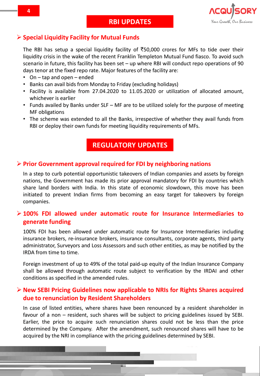 acquisory's tweet photo. ACN - April’20 Major highlights: 1-Second string of relief measures by RBI; 2-Govt approval for FDI by neighbouring nations; 3-RJio- Facebook deal drives India’s FDI amid COVID-19 #ACN_April2020 #RBIgovernor #RBI #FDI #RJio_FB_deal #SEBI #Rights_Issue https://t.co/ovanJfpgHR https://t.co/scygDkk3pi