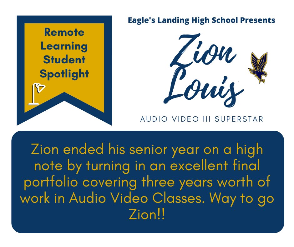 ELHS_HCS's tweet image. Ms. Espy wants to shine the Remote Learning Student Spotlight on a SENIOR! Zion Louis turned in an impressive portfolio as an Audio Video III Superstar! @DrKeshaJones1 @KindraTukes @drwilliams08 #ELHSRemoteLearningSpotlight #RemoteLearninginHenry  #studentsintherace