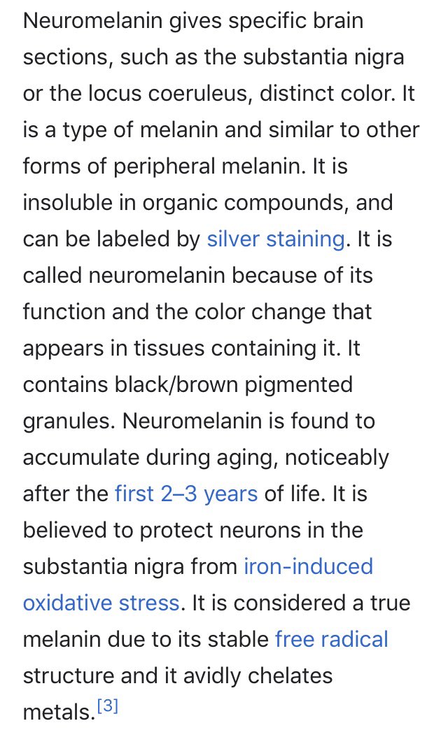 *Dopamine is produced in the “Substantia nigra”  that’s “black” due to high levels of *neuromelanin. Which protects the neurons from iron-induced oxidization/deteriorationCan’t make this up Albino recessive & melanin deficient. Which is the  to  go fig that one bud 