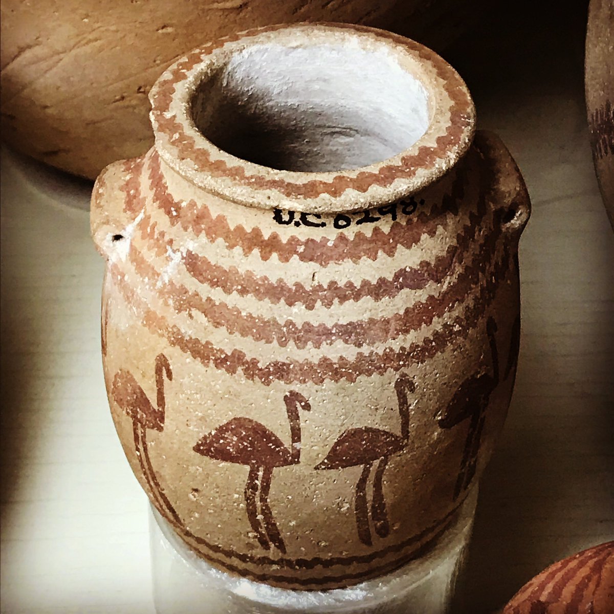 (3) Here we have some lovely pottery. To the left (brown/black) Badarian, centre (with ostriches, or flamingos?) Naqada and on the right, this little lovely is from Meydum. The first 2 date to the Neolithic, not sure on dates for the last pot  #MuseumsUnlocked  @PetrieMuseEgypt
