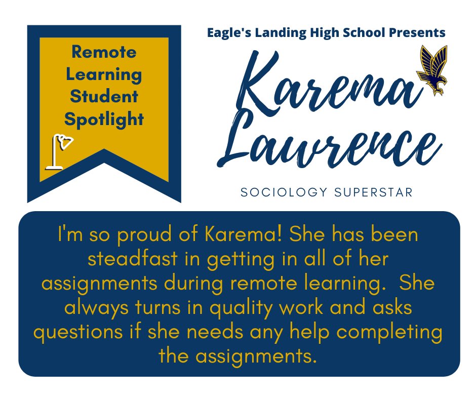 ELHS_HCS's tweet image. It&apos;s Remote Learning Student Spotlight time! Karema Lawrence has impressed Dr. McCrory, showing that she is a Sociology Superstar!! @DrKeshaJones1 @KindraTukes @drwilliams08 #ELHSRemoteLearningSpotlight #RemoteLearninginHenry  #studentsintherace