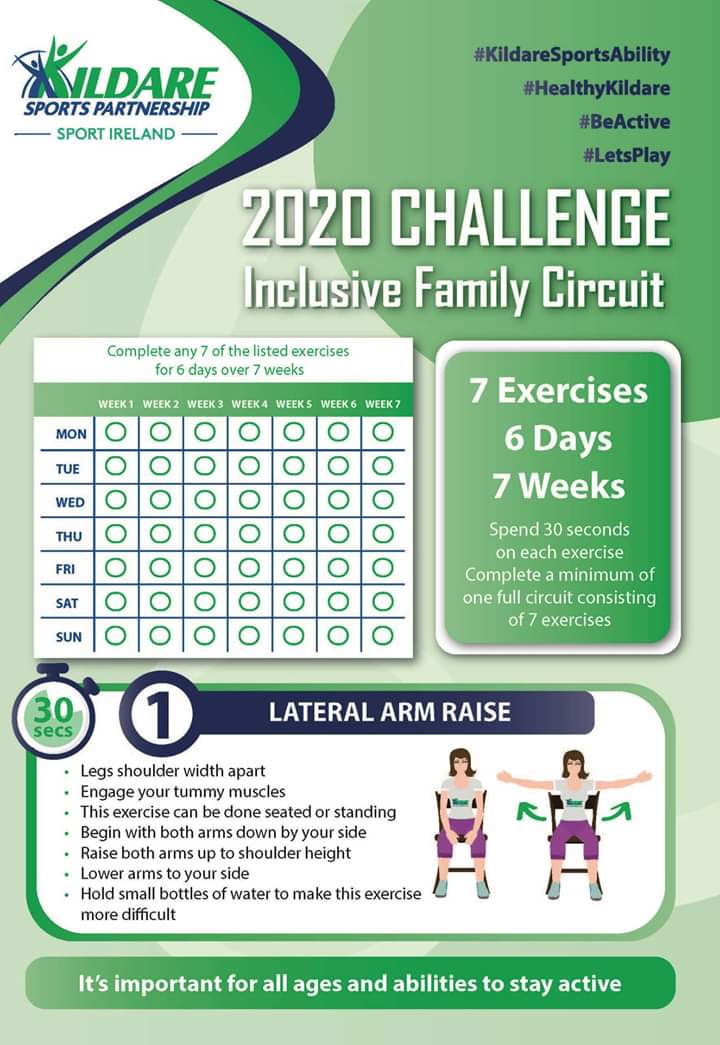 KildareSP's tweet photo. 🌟 Inclusive Family Circuit 🌟

@KildareSP are delighted to launch our Inclusive Family Challenge
💪Choose 7 exercises
🙌For 6 days 
👌For 7 weeks 

📝Record your progress on the calendar provided

All activities can be completed seated or standing and at a pace suitable for you https://t.co/7dCWdpKzGz