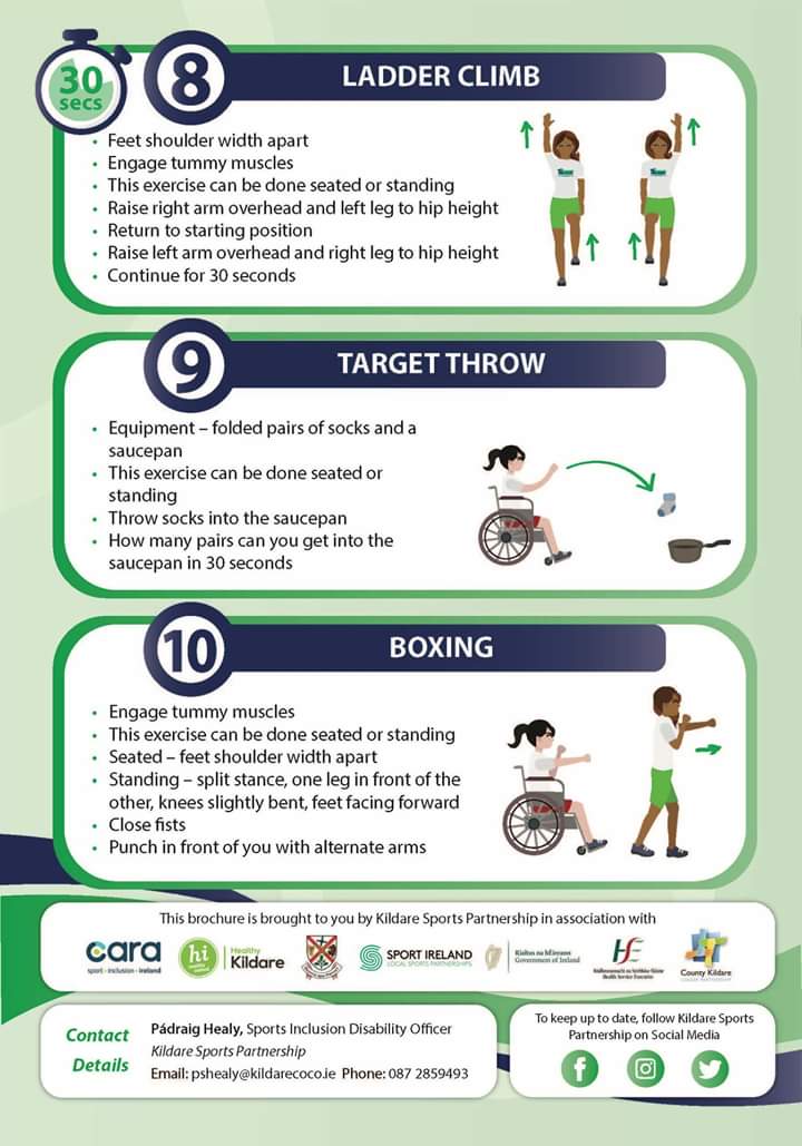 KildareSP's tweet photo. 🌟 Inclusive Family Circuit 🌟

@KildareSP are delighted to launch our Inclusive Family Challenge
💪Choose 7 exercises
🙌For 6 days 
👌For 7 weeks 

📝Record your progress on the calendar provided

All activities can be completed seated or standing and at a pace suitable for you https://t.co/7dCWdpKzGz