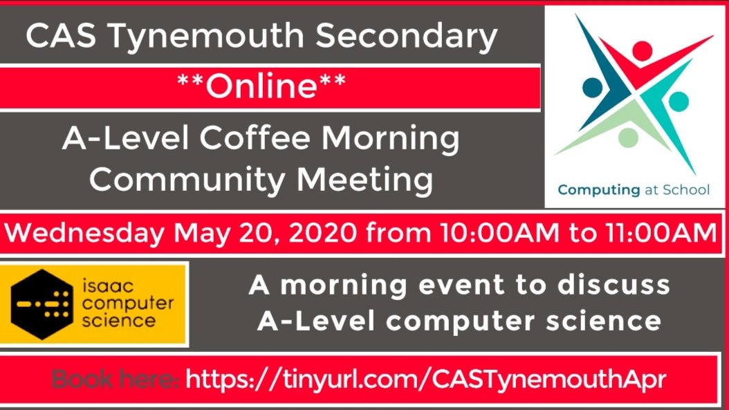 Computing_North's tweet image. Join us next Wednesday morning for an Online A Level Computing at School discussion covering Isaac Computer Science, GCSE to A Level transition and Project Discussions, click this link to book:

community.computingatschool.org.uk/events/7907

#CAS #Alevelcomputing