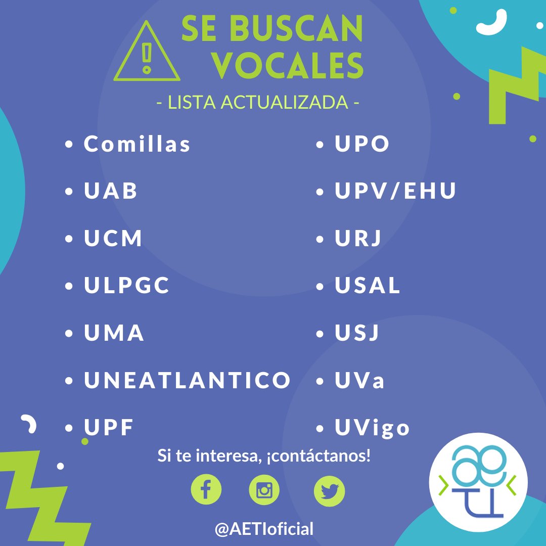 ¡Hola!
Aquí está la lista actualizada de las vocalías que necesitan vuestra relevo para el siguiente curso.
Si estás en duda o quieres saber algo más sobre en qué consiste ser vocal, no dudes en escribirnos o preguntar a las vocalías.
¡Muchas gracias por vuestra ayuda!😊