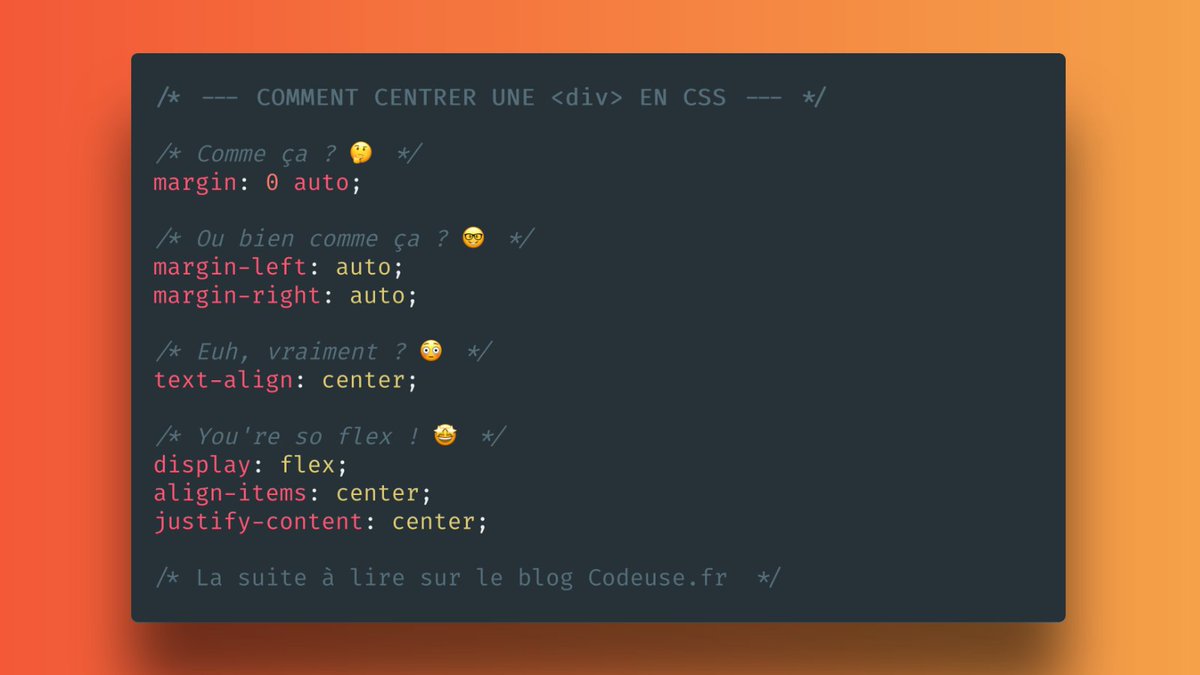 CodeuseFR's tweet image. 👋 Nouvel article en ligne sur le blog Codeuse.fr 🤩
Comment centrer cette satanée div en CSS - zpr.io/t4kfg